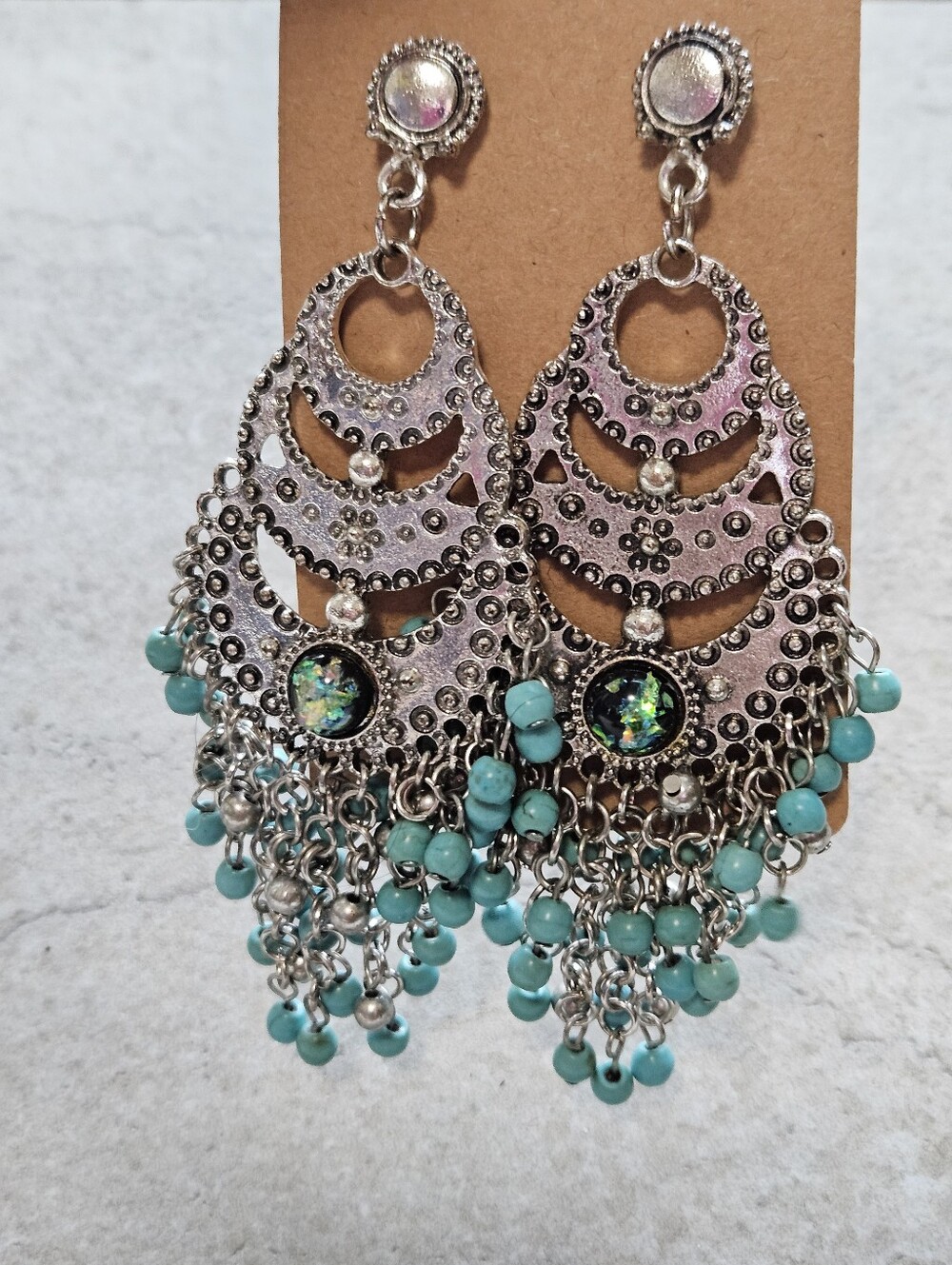 Turquoise Beaded Silver Chandelier Earrings